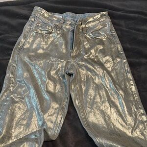 Zara Silver Straight Leg Jeans Futuristic Metallic Finish